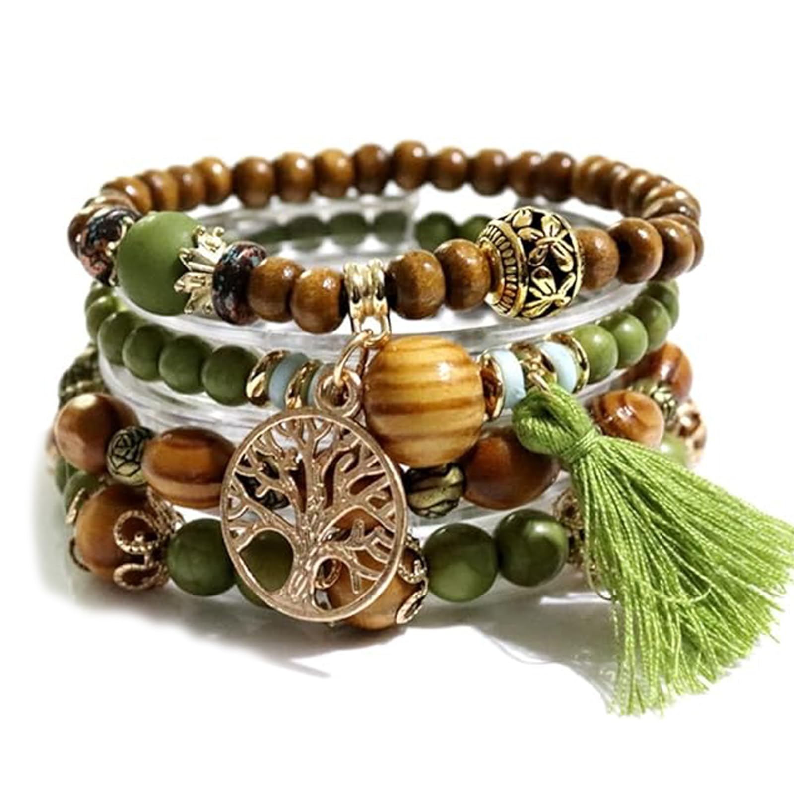 HAORQEEBoho Beaded Bracelets, Tree of Life Pendant Bracelets Multi-layer Wooden Tassel Elastic Bracelet Christmas Gifts for Women Girls(Green)