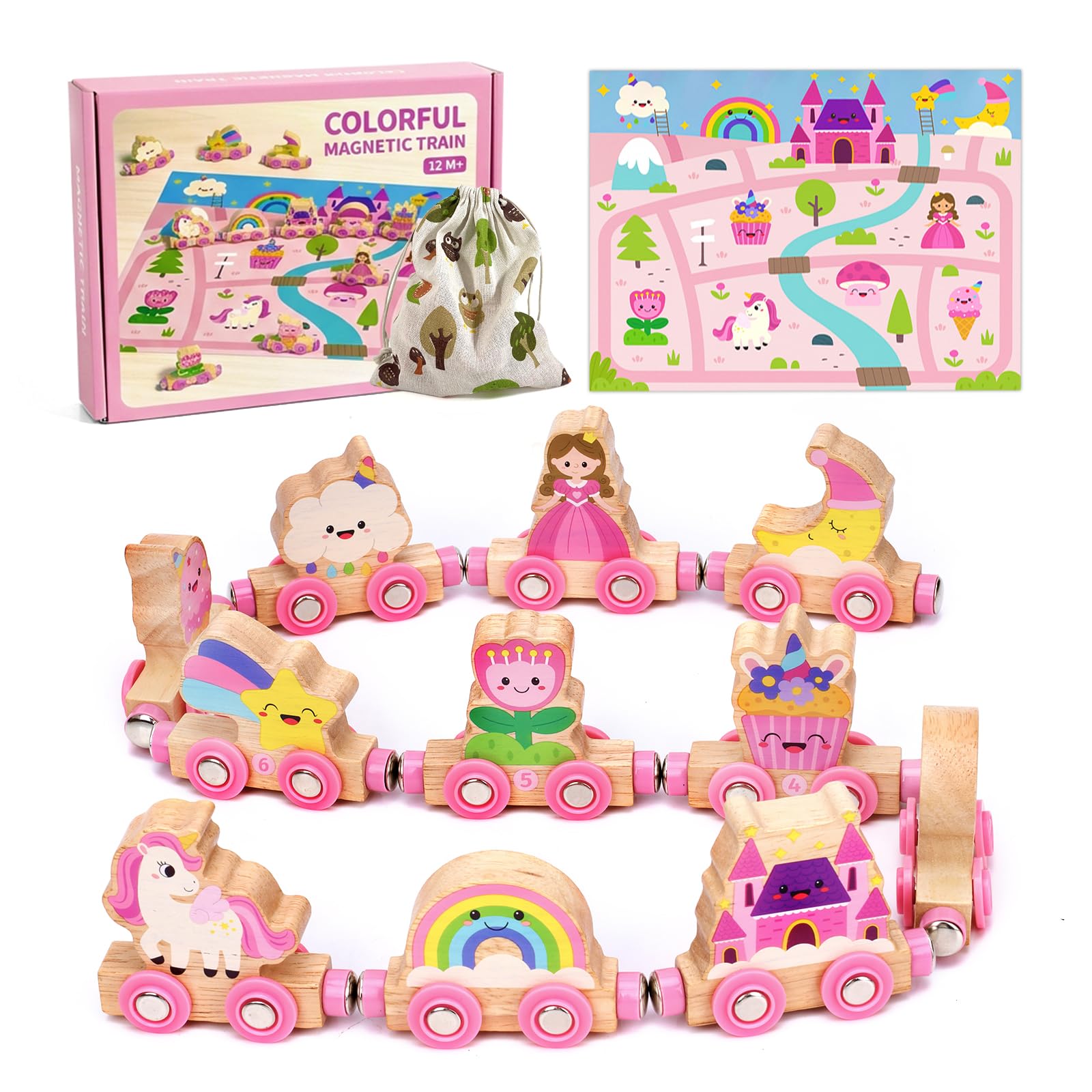 Unicorn Gifts for 1 2 3 Year Old Girls: Princess Magnetic Wooden Train Set for Girls Montessori Educational Toys for 1 2 3 4 Year Old Fairy Tale Castle Play Mat Birthday Gift for Toddler Girls (Pink)