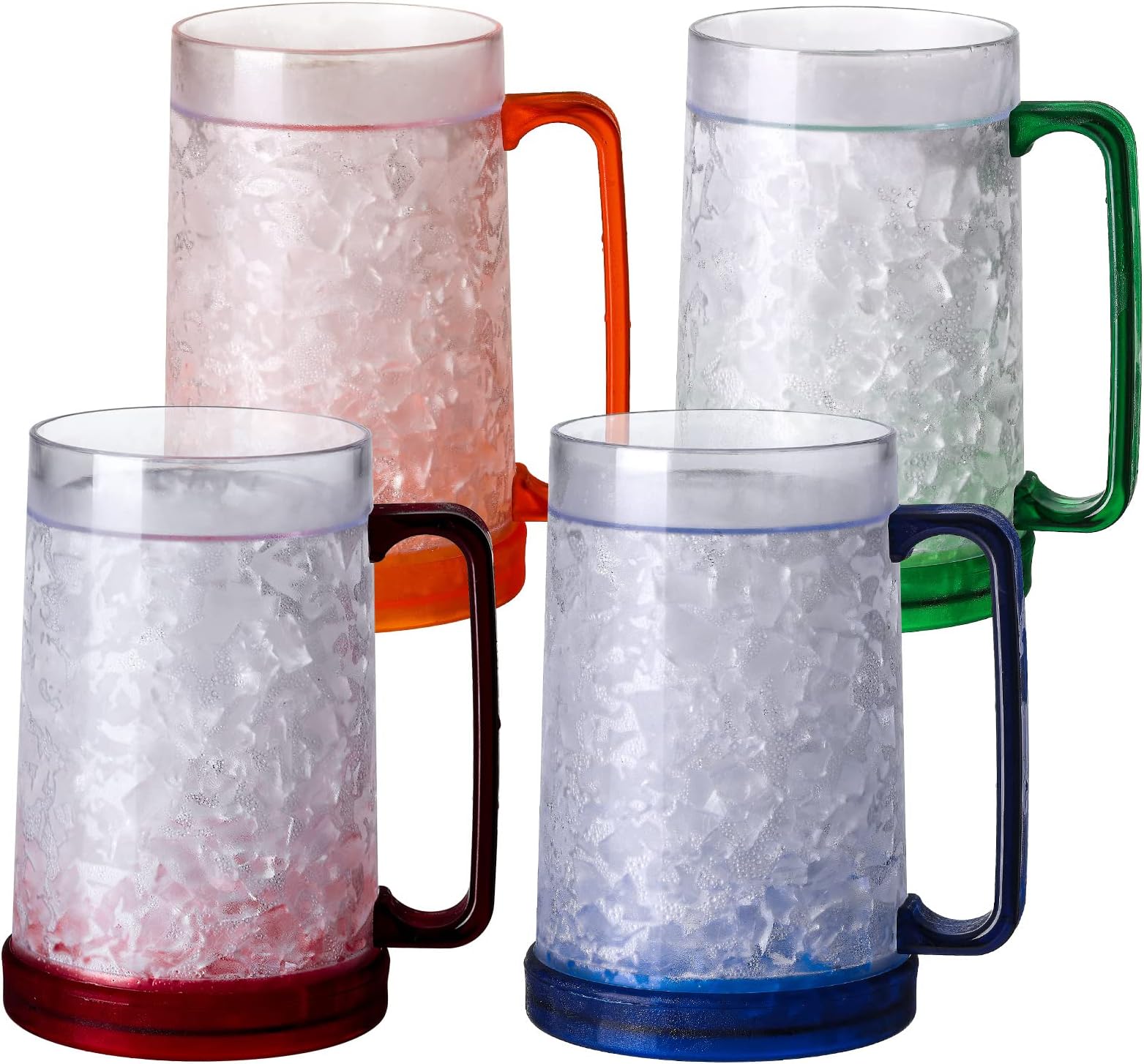 Double Wall Gel Frosty Freezer Ice Mugs Clear 16oz Set of 4 (Blue, Red, Orange and Green)
