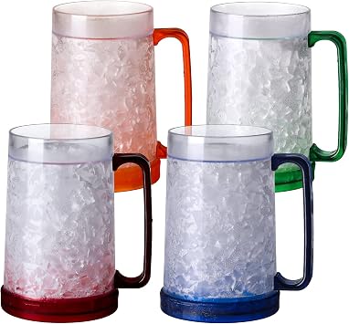 Double Wall Gel Frosty Freezer Ice Mugs Clear 16oz Set of 4 Blue, Red, Orange and Green