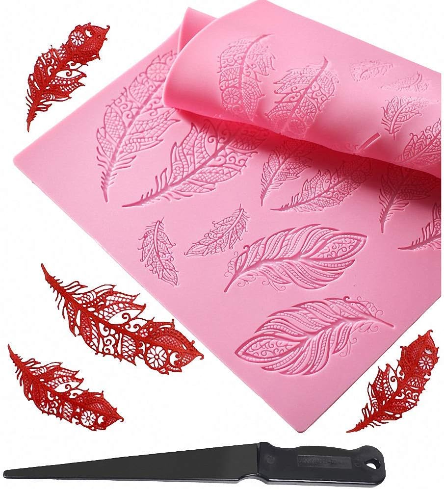 16 Inch Peacock Feather Silicone Lace Mat with Fondant Scraper, Texture Fondant Impression Embossing Decorating Mold Gum Paste Cupcake Topper Tool Icing Imprint Cake Sugarcraft Tools