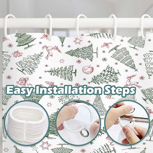 Miniatura 6 de Cortina de ducha con diseño de copos de nieve de invierno, cortina de ducha para baño, campanas de ciervos de Navidad, decoración de baño,