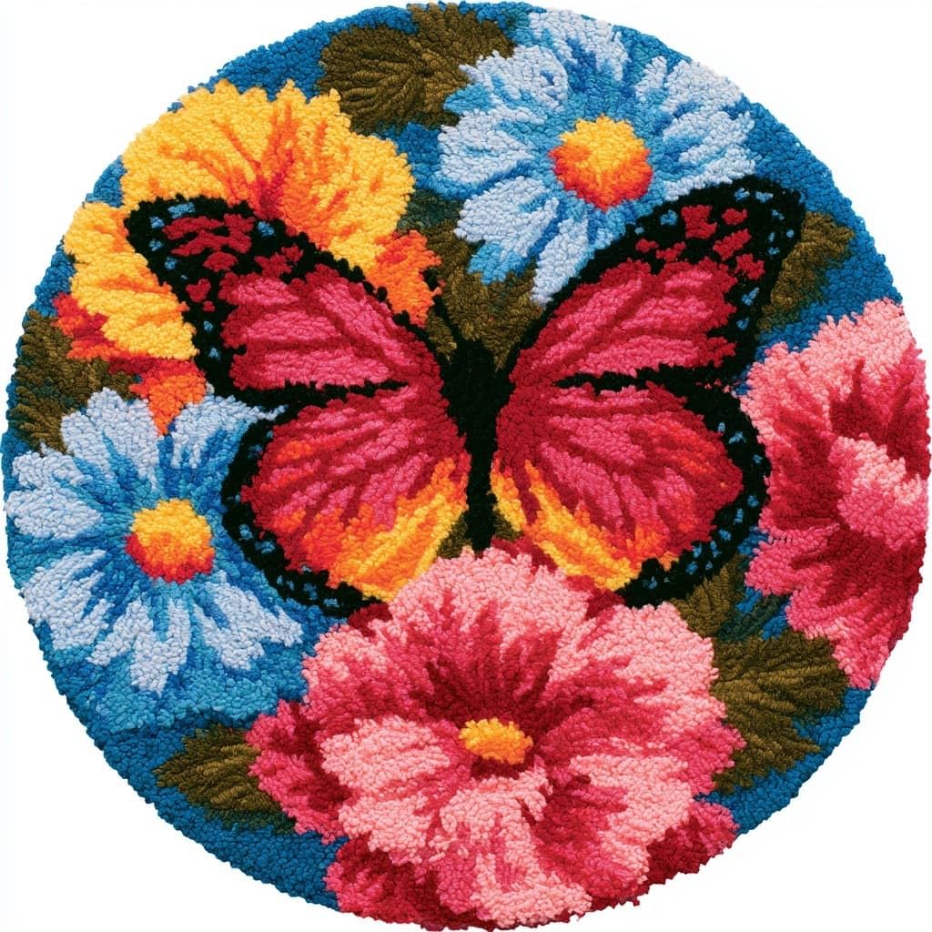 AMBATTERY Round Shape Latch Hook Kits Rug,Butterflies and Flowers