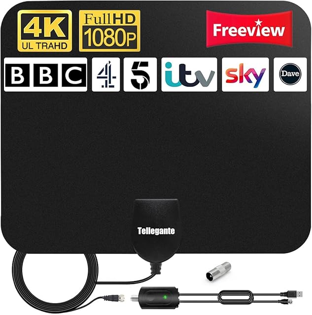 TV Aerial, 2023 Newest Indoor TV Aerial, Freeview 4K 1080P HD Aerial Indoor UK, Digital TV Aerial Indoor 200+ Miles Long Range with Amplifier Signal Booster - 17ft Coax Cable