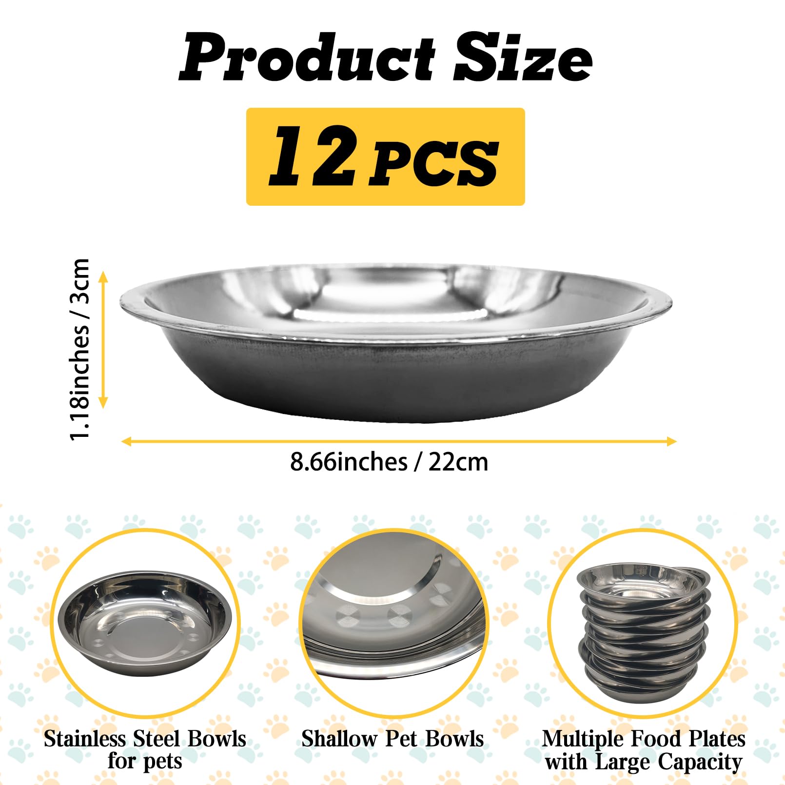 Hamiledyi 12 ciotole per gatti in acciaio inox, poco profonde, piatti per animali domestici, piatti grandi per l'alimentazione del gatto, per cani, gatti e altri piccoli animali (diametro 21 cm)
