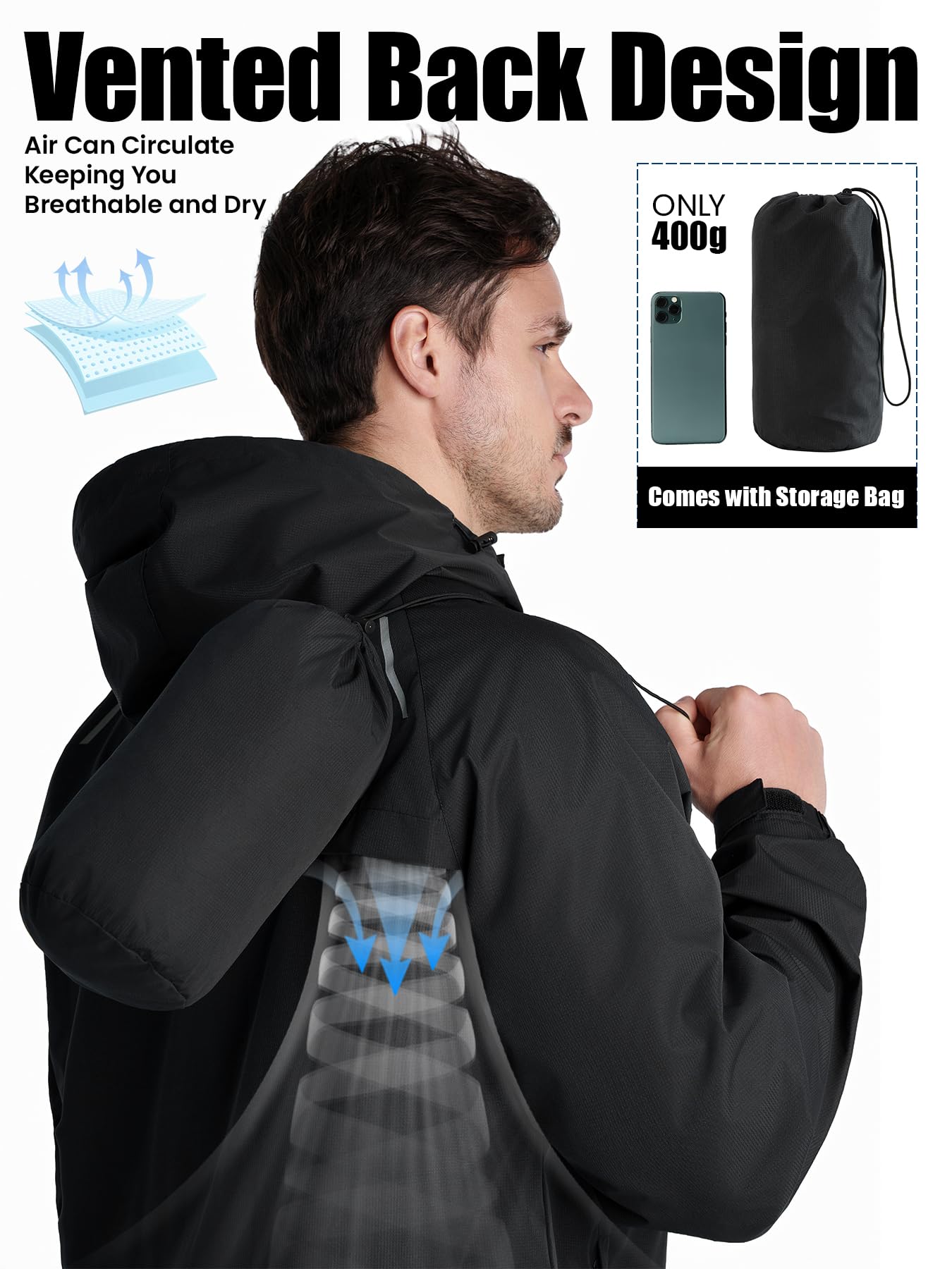 Chubasquero para hombre, ligero, impermeable, plegable, con capucha, chaqueta reflectante para bicicleta, cortavientos, transpirable, para senderismo, correr, camping al aire libre