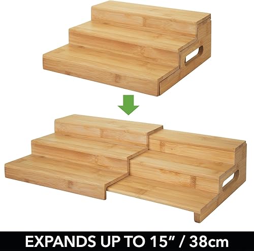 Miniatura 5 de mDesign Organizador de especias ajustable y expandible de bambú con 3 niveles de almacenamiento para armario de cocina, encimera, estante de