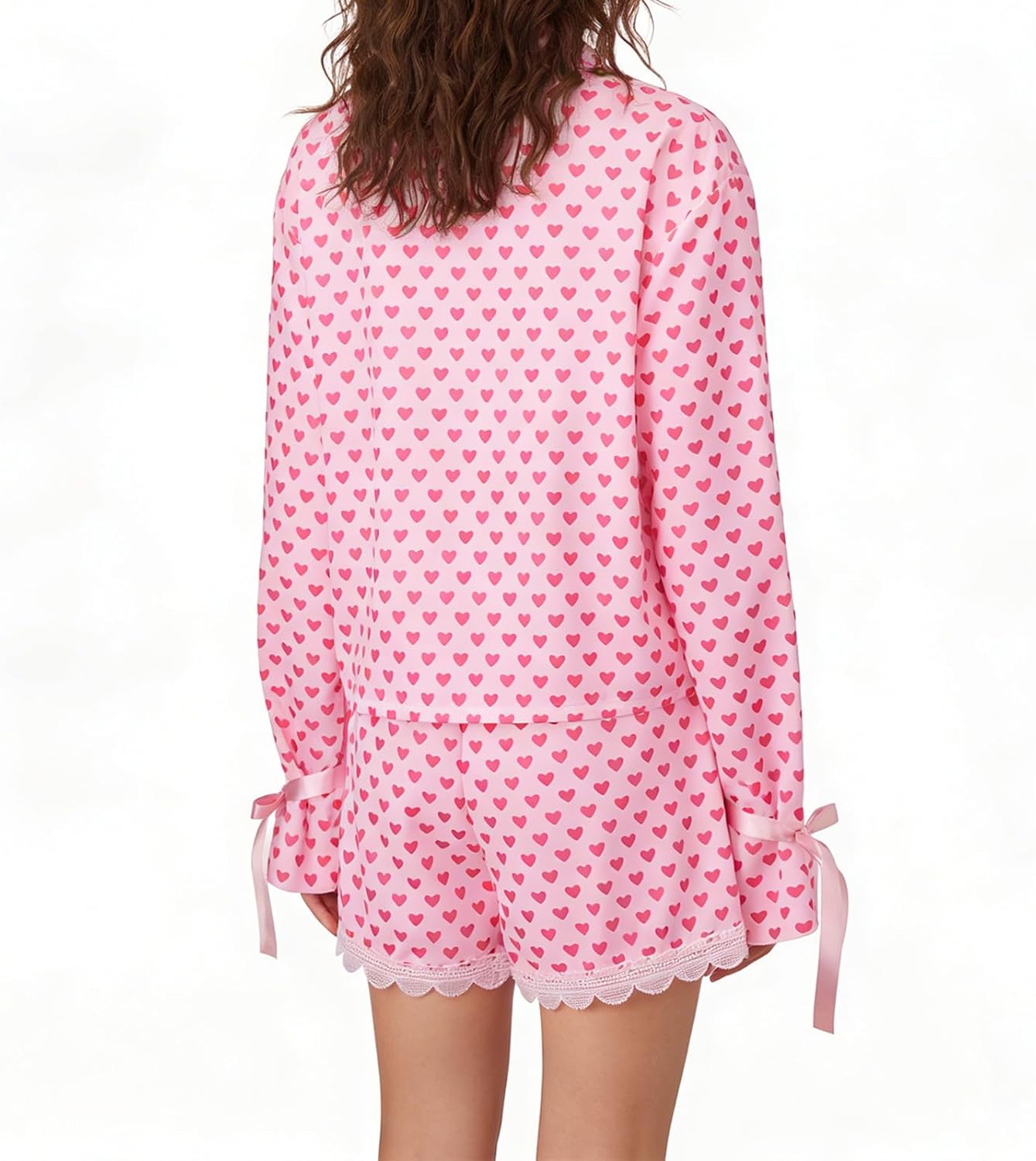 Women Heart Print Pajamas Sets Long Sleeve Button Down Shirt Tops and Ruffle Lace Trim Shorts Loungewear - Image 6