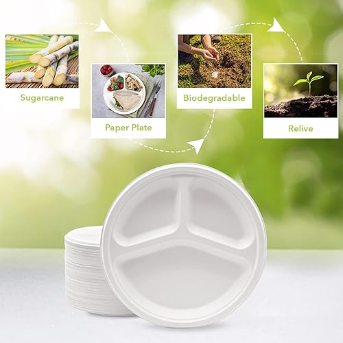 Miniatura 4 de Three Leaf Plato redondo de bagazo de 3 compartimentos de 10 pulgadas, 500 unidades de platos de bagazo desechables de alta resistencia, súper