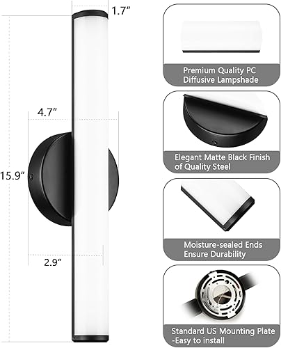 Miniatura 4 de Chilvane Lámpara de tocador de baño, aplique de pared, lámparas nocturnas sobre espejo, 15 W, 5000 K, luz LED negra, barra de luz de pared de 15.9