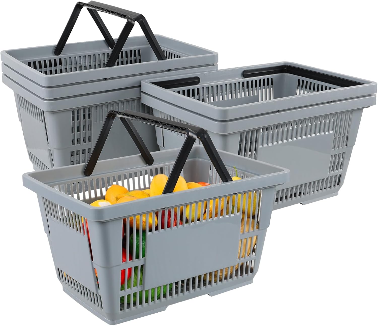 28 L Grocery Shopping Baskets with Handles, 6 Pack Plastic Supermarket Basket, Grey