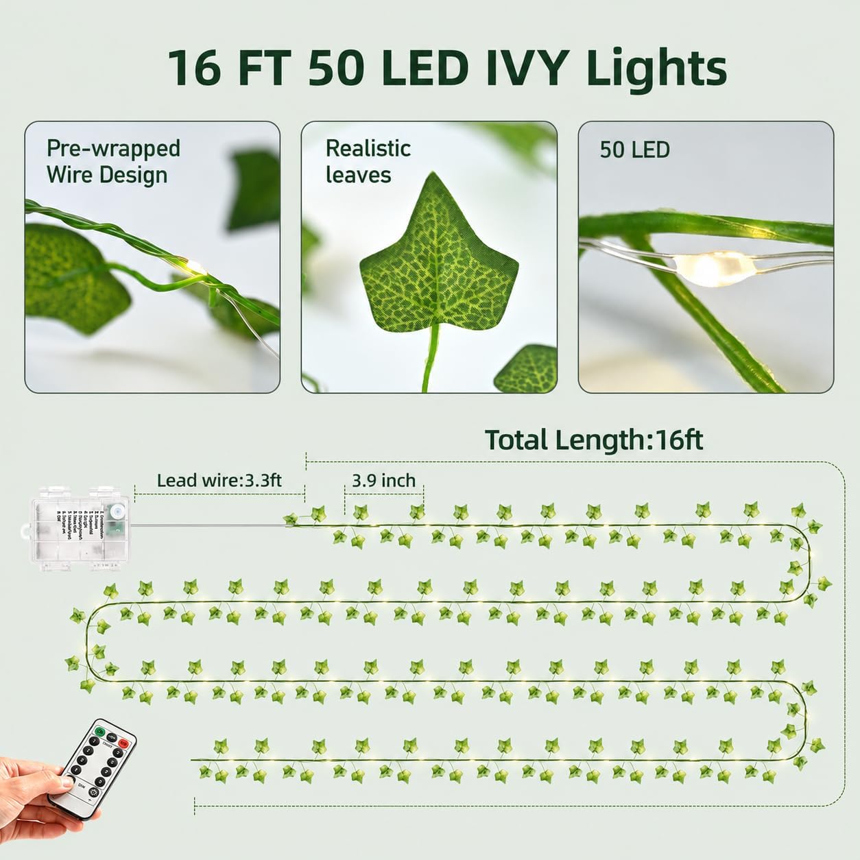 16FT Ivy Vine String Lights with Remote,50 LED USB & Battery Operated Leaf Fairy Lights, 8 Lighting Modes Timer Dimmable for Bedroom Wall Room Wedding Decor