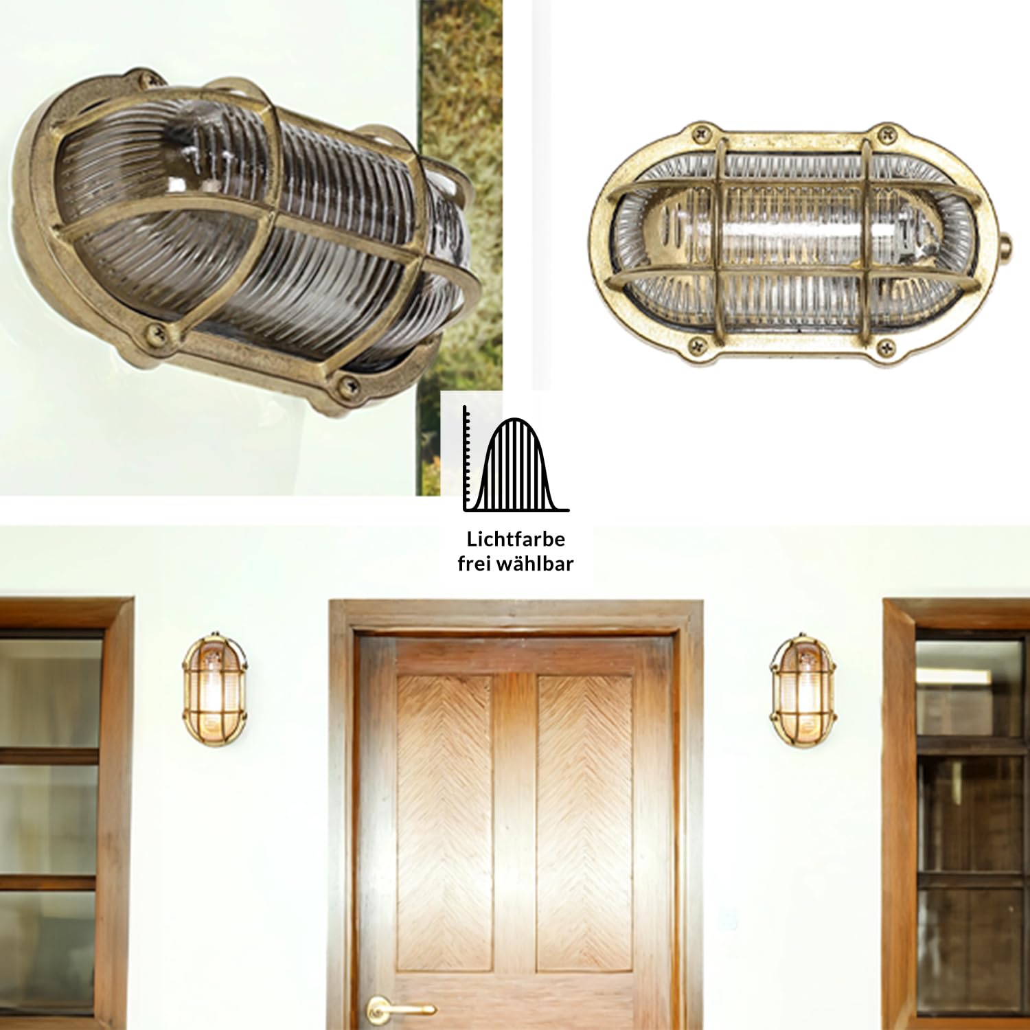 Licht-Erlebnisse Wandleuchte Schiffslampe außen, Maritime Kellerleuchte Messing, Ovalleuchte, rostfrei, T:10 cm, IP64, E27, Rustikal, Feuchtraumlampe, Wandleuchte Haus