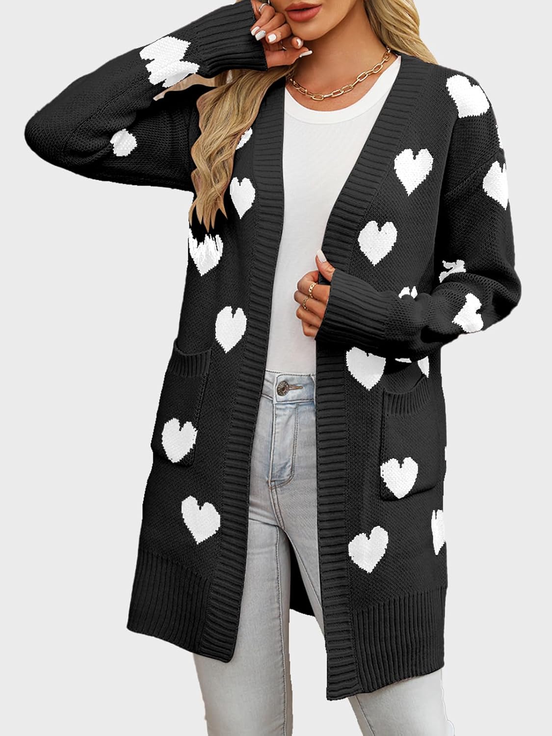 HOULENGS Women's Cute Heart Long Cardigan Sweaters V Neck Ribbed Knit Open Front Sweater Coats with Pockets - Image 4