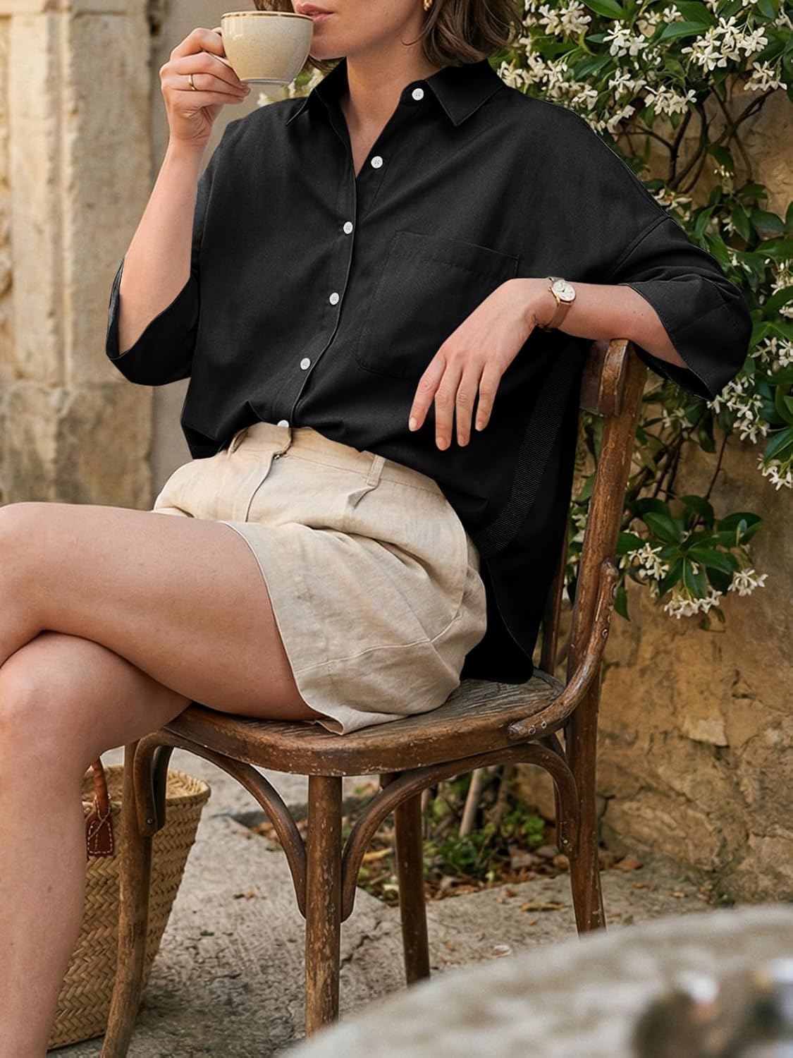 Cicy Bell Womens Summer Oversized Button Down Shirts Half Sleeve V Neck Business Casual High Low Tops Loose Fit Blouses - Image 3