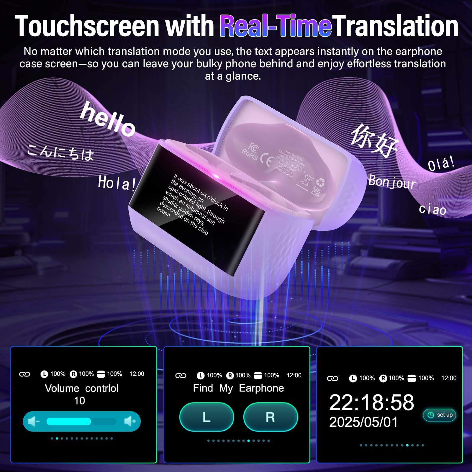 AI Auriculares Traductor en Tiempo Real con Pantalla Táctil LED, 3 en 1 Auriculares Traductores de Idiomas, 6 Modos Traducción con 164 Idiomas, Reducción de Ruido ANC+ENC, 5 Modos EQ, 48H, Púrpura
