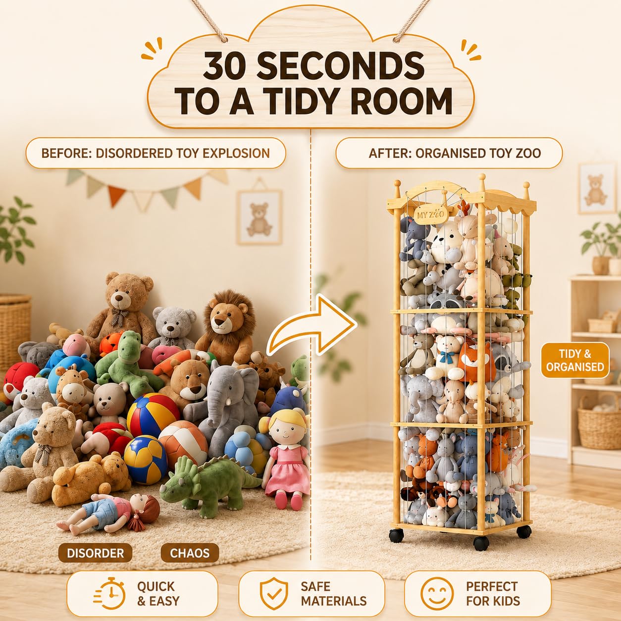 Holz Kuscheltier Aufbewahrung, 3-Etagen Plüschtier Lagerung Holzregal, Stofftier Aufbewahrung mit 360°Rädern, 140cm Groß Plüschtier Spielzeug Organizer für Spielzimmer, Kinderzimmer, Schlafzimmer