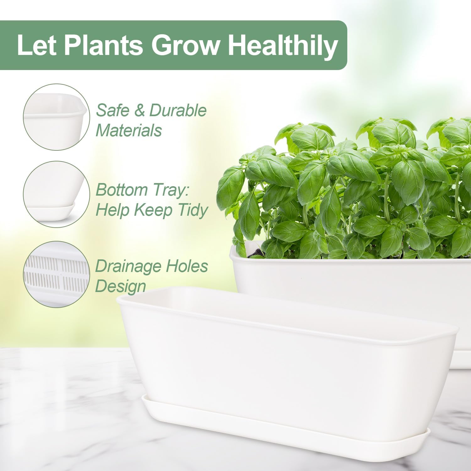 Oliz 8-Piece White Rectangular Window Sill Planters with Drainage Holes and Trays (11 Inches) for Basil, Orchids, and Succulents Modern Herb Garden Planters Suitable for Indoor/Outdoor Plants