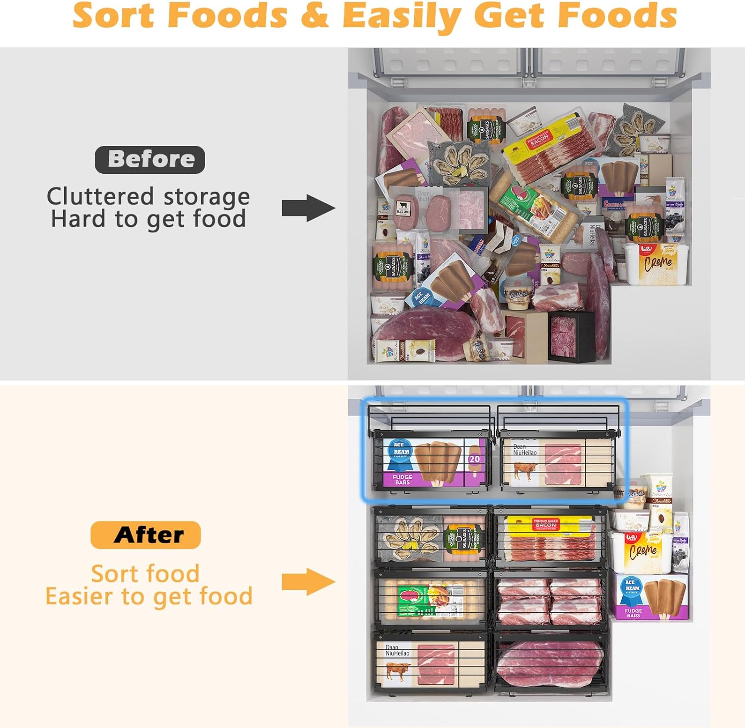 NADAMOO Hanging Chest Freezer Organizer Bins, 2 Pack Large Expandable Freezer Baskets for Chest Freezer, Metal Adjustable Storage Containers for Deep Freezer - Black