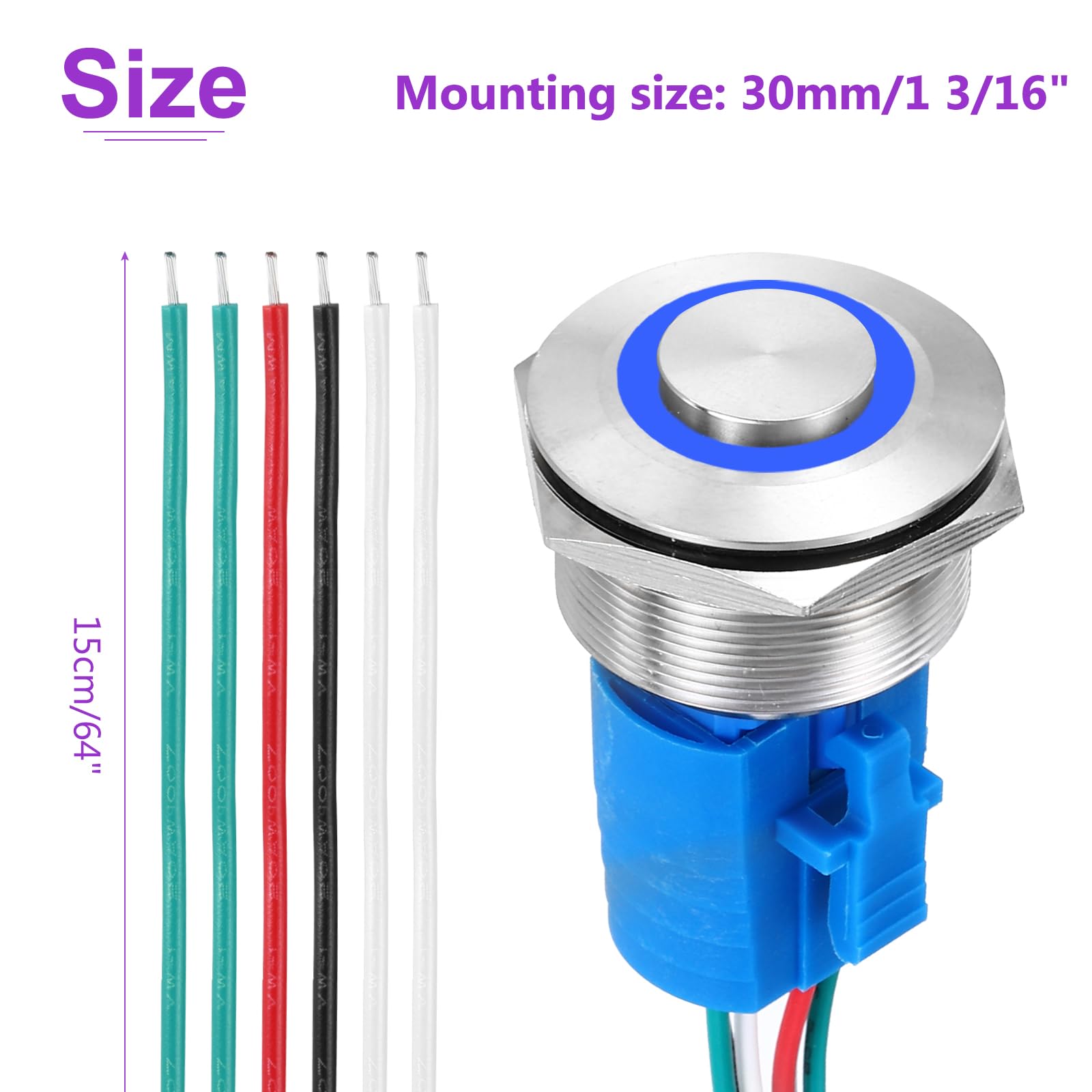 DMiotech 1 3/16 Inch Stainless Steel Momentary Push Button Switch Domed Head 5A 12-24V Silver Shell 6 Pin with Cable Socket Blue Ring LED 1NO1NC for Car Boat Systems Custom Setups - Image 4