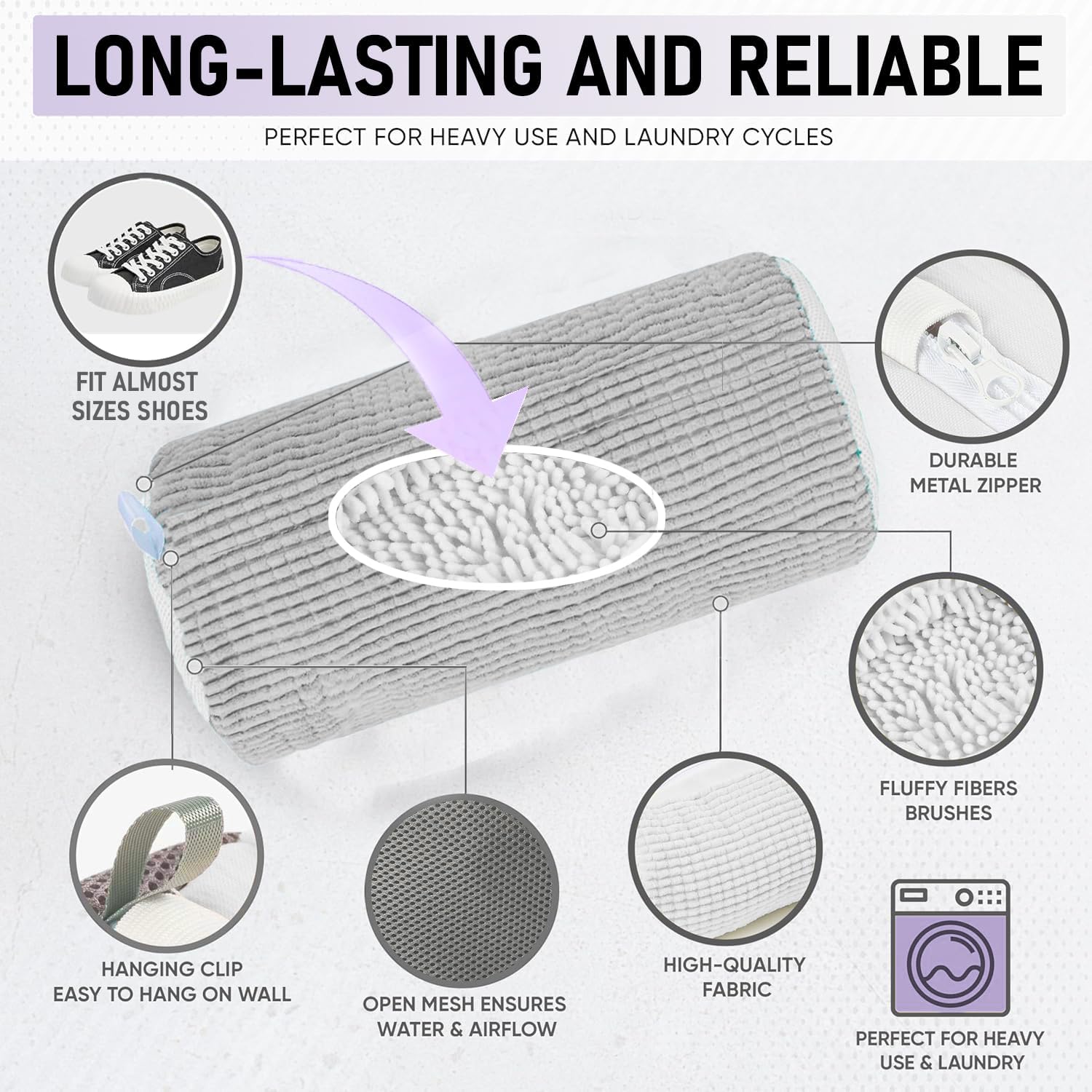 Shoes Washing Machine Bag, Sneaker Tennis Laundry Bag Mesh Shoe Washing Bag for Washer and Dryer, Plush Fibers Shoe Cleaning Bag Reusable Shoe Laundry Bag for All Shoes, Gray 2Pcs
