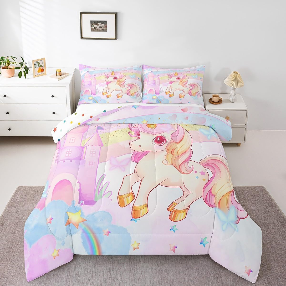 Erosebridal Unicorn Kids Bedding Set for Girls Full Size Dreamy Rainbow Unicorn Comforter,Galaxy Stars Castle Reversible Quilt,Butterflies Love Heart Down Comforter with 2 Pillowcases Bedroom Decor