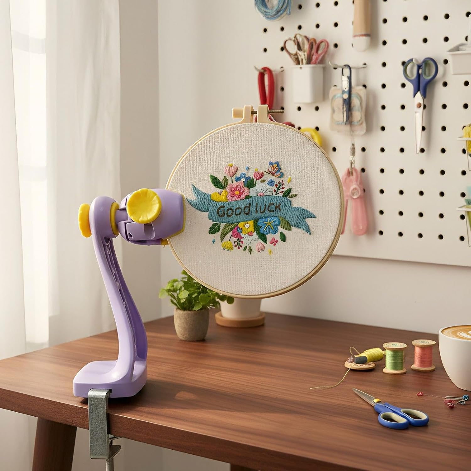 Embroidery Hoop Stand - Needlepoint & Cross Stitch Holder, Upgraded Firm Clamp, Easy Lock/Release, Fits Most Hoops, Anti-Loose Screws