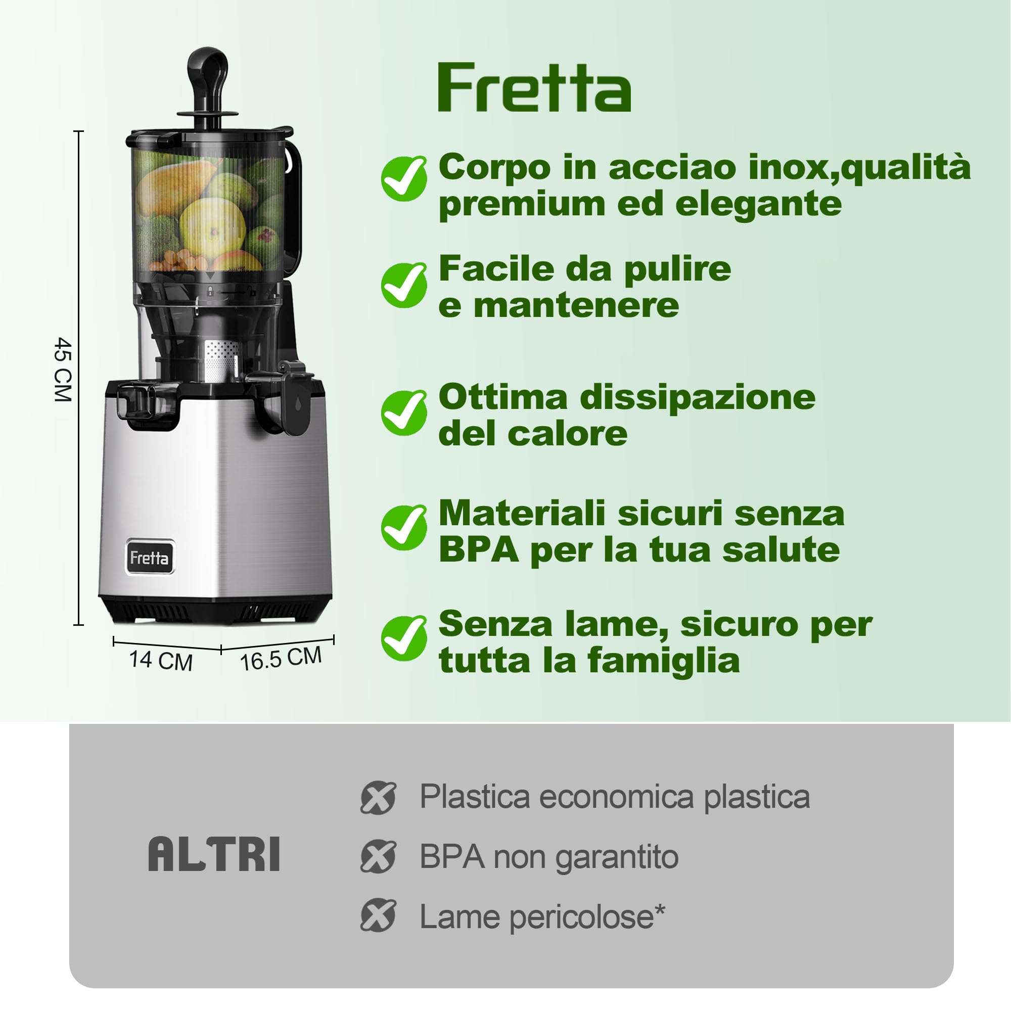 Fretta Estrattore di succo a masticazione lenta 250 W, tecnologia a pressione a freddo per succo ricco di sostanze nutritive, ampio scivolo 135 mm (Argentato)