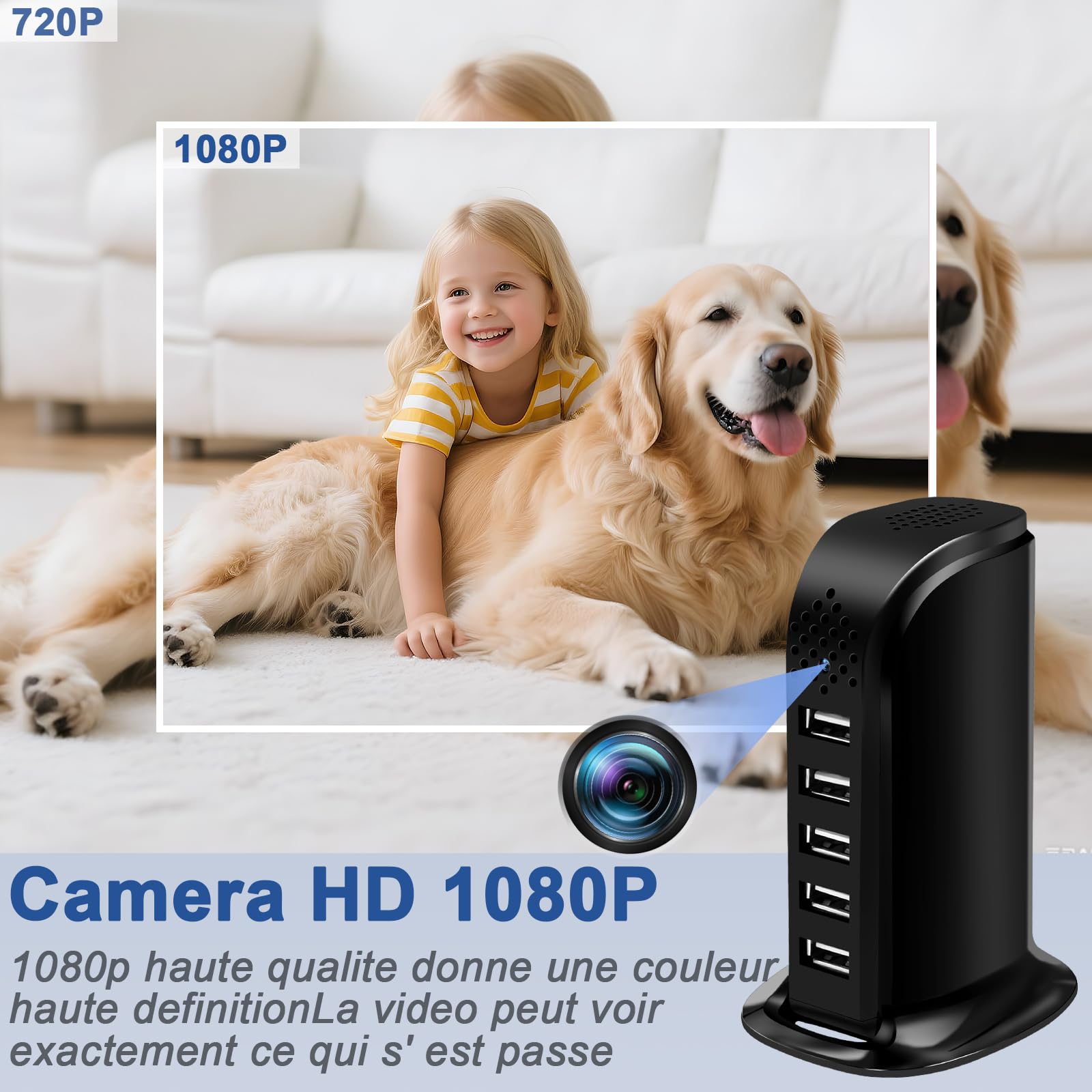 Mini Telecamera Spia HD 1080p,Telecamera Nascosta WiFi Spy Cam Senza Fili 2.4 / 5G,5 Porta USB Caricatore con Microcamera Nascosta con Rilevamento del Movimento/Registrazione in Loop