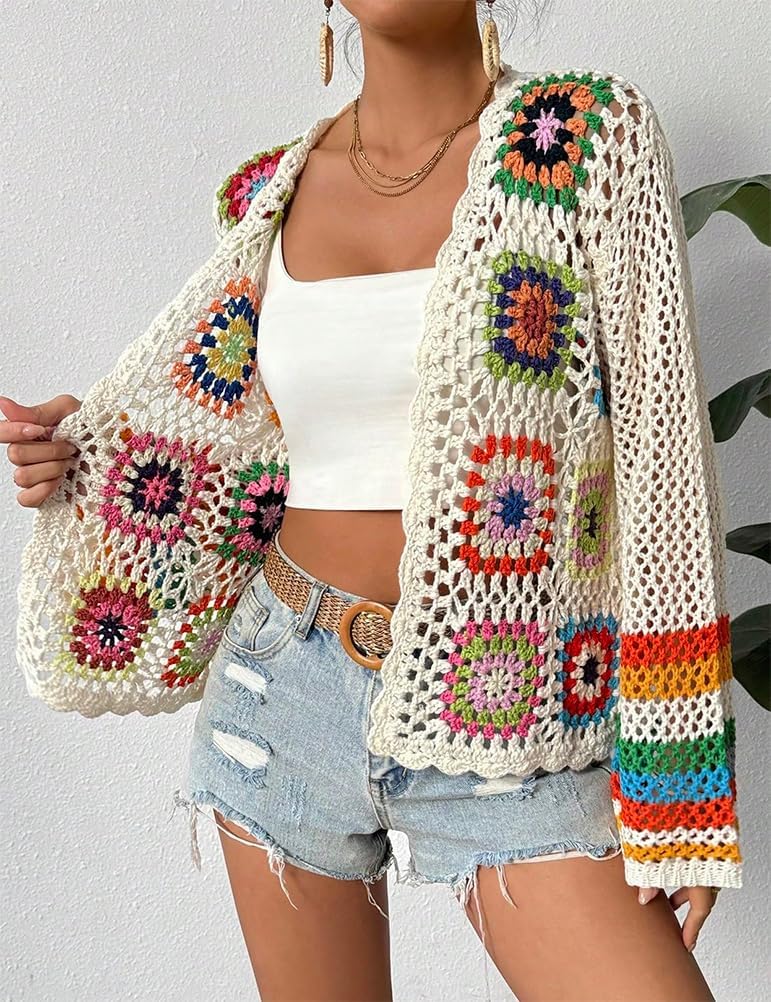 Kinghua Floral Crochet Cardigans for Women Trendy Spring Summer Hollow Out Open Front Boho Cardigan Sweater Tops - Image 3