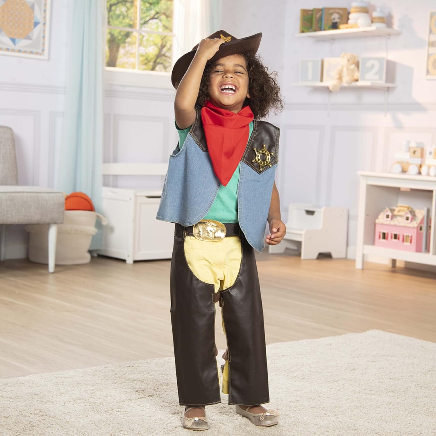Melissa & Doug Cowboy Role Play Costume Set (5 pcs) - Includes Faux Leather Chaps