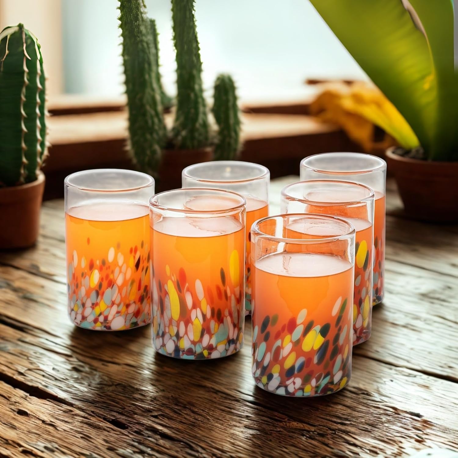 The Wine Savant Mexican Confetti Drinking Glasses, Set of 6 - Confetti Rocks 16 oz Drinking Glasses, set of 6, Mexican Handmade Multicolor Glassware, Recycled Glass, Lead & Toxin Free, Dishwasher Safe