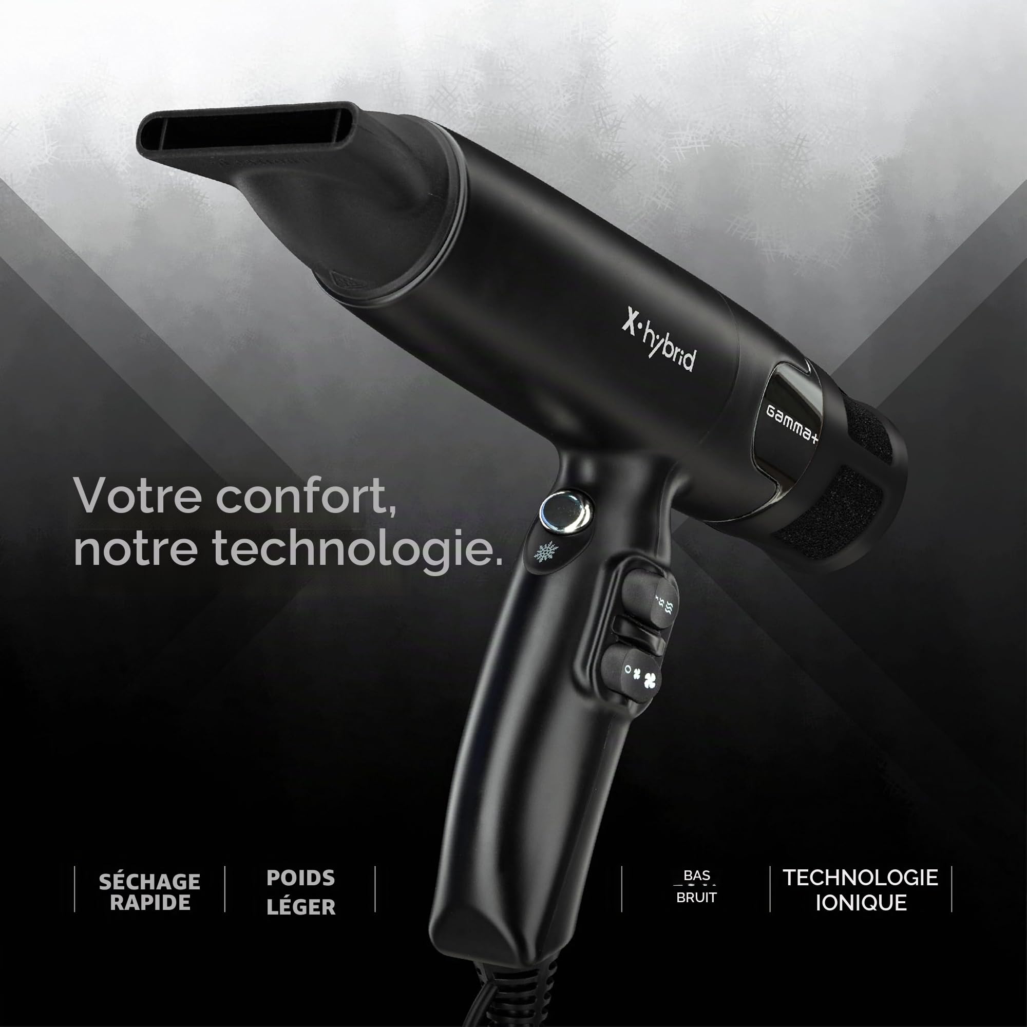 GAMMA+ X-Hybrid Sèche-cheveux Ionique, Sèche-cheveux Ultra-léger 300 gr, Ergonomique, Moteur Numérique 100.000 Rpm, Nouveau Triple Filtre de Protection, 2 Buses, 1 Diffuseur (Noir)