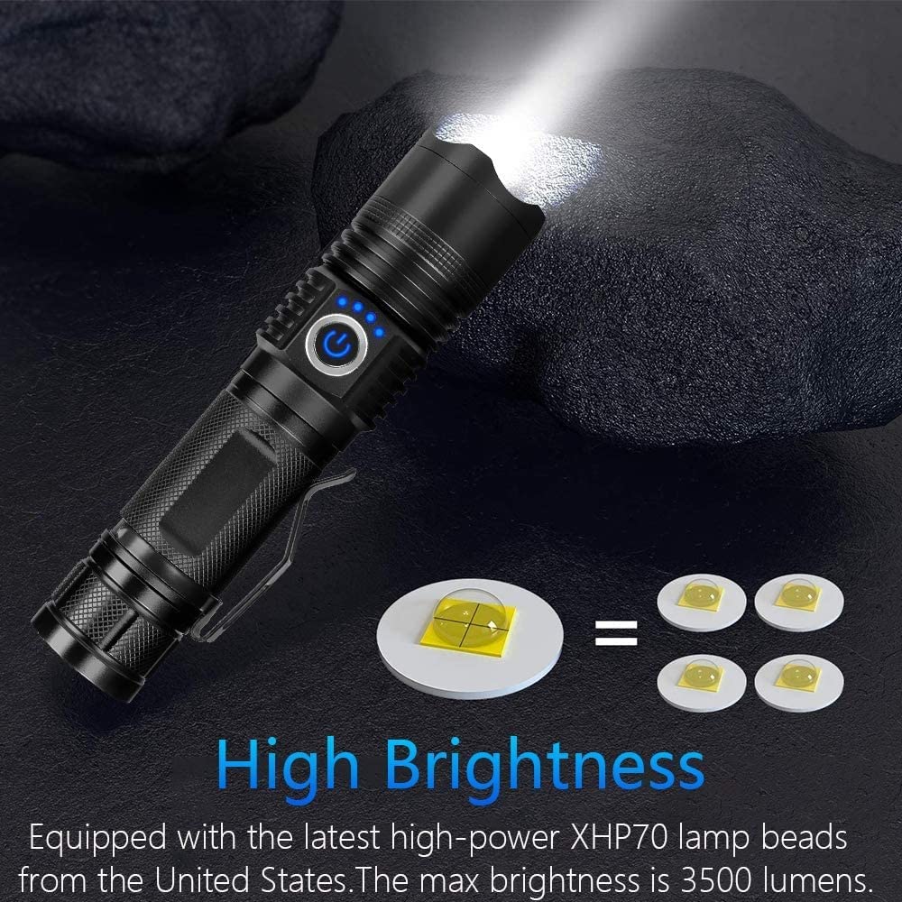 Akumulatorowa latarka, XHP P70 Super Bright High Lumens, 6 trybów, wyświetlacz mocy, wodoodporne, ręczne latarki z regulacją ostrości