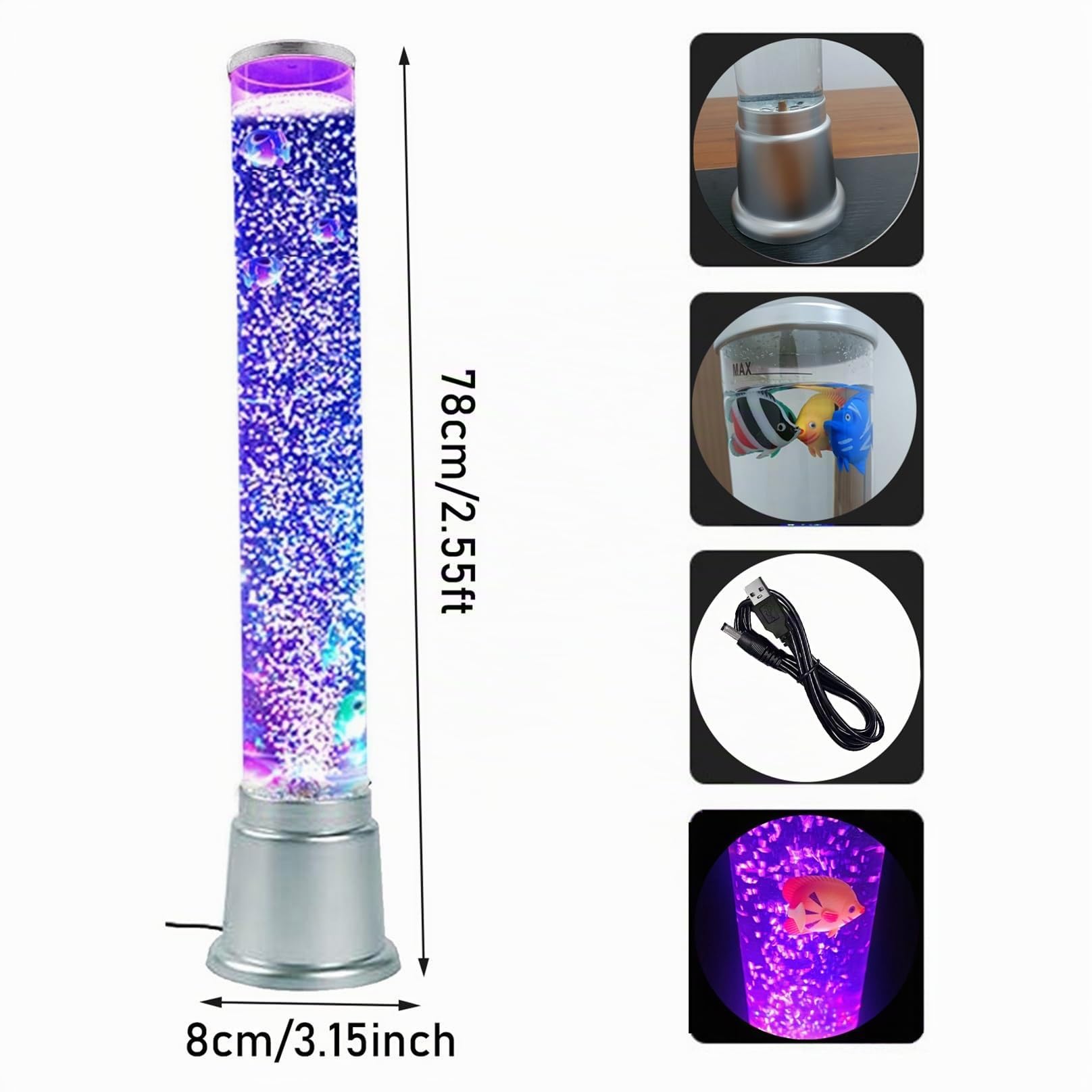 Acuario Falso con Tubo De Pez De Burbuja De Fantasía LED De 2,5 Pies con 6 Peces Artificiales Y Lámpara De Lava Sensorial con Luz Que Cambia De 7 Colores Lámpara