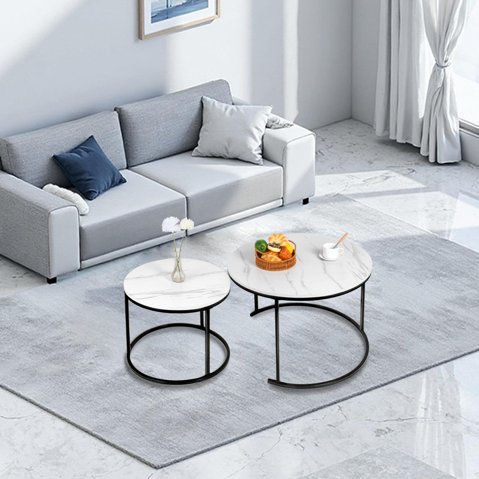 Table Basse Aspect marbre - Table d'appoint pour Salon - Diamètre 40 + 60 cm - Grande Ronde - MDF - pour Salon, Chambre à Coucher, Balcon-B (60 * 60 * 45 et 40 * 40 * 38) Marbre Blanc
