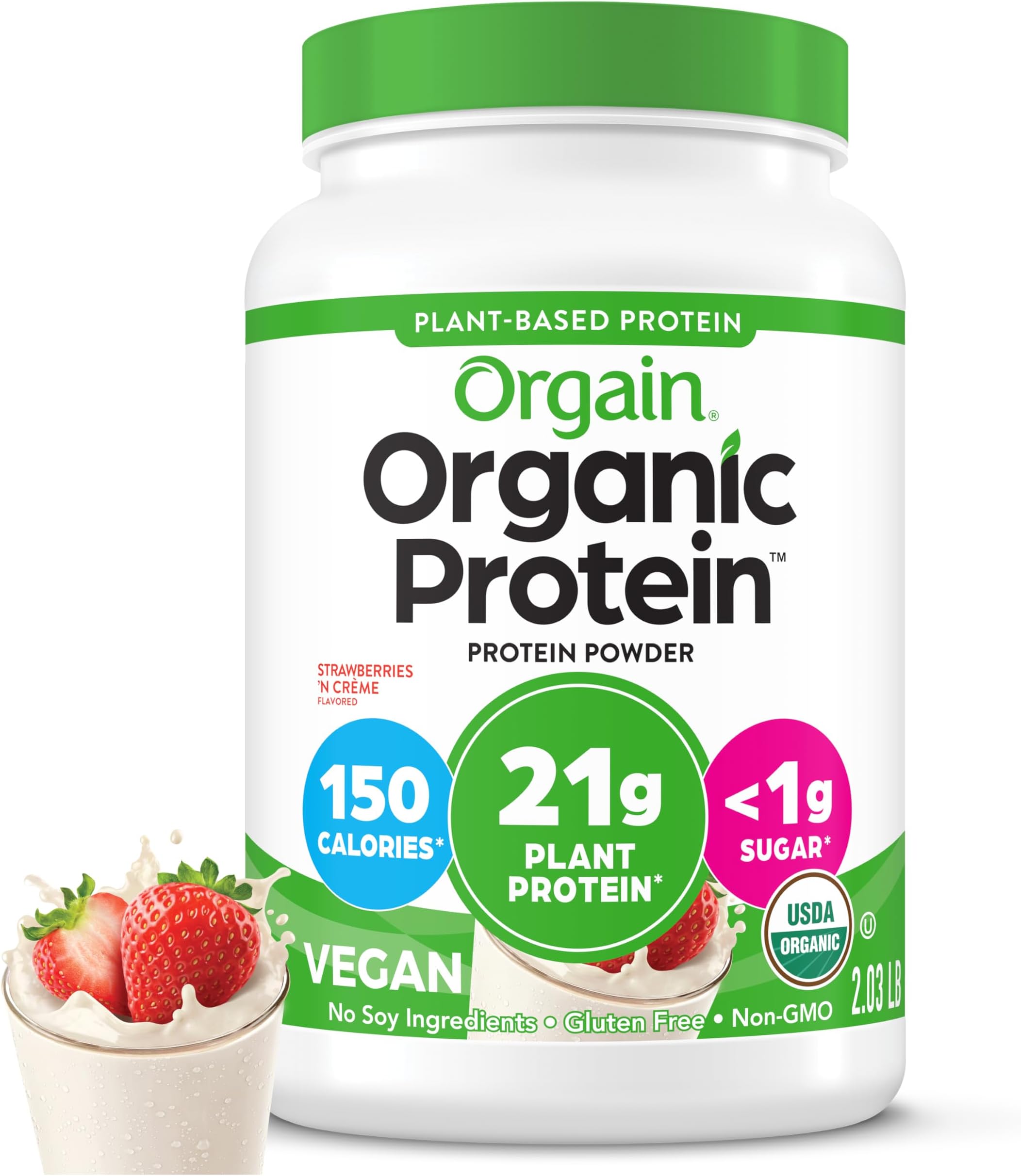 Orgain Organic Vegan Protein Powder, Strawberries & Cream - 21g Plant Based Protein, 4g Prebiotic Fiber, Low Net Carb, No Lactose Ingredients, No Added Sugar, Non-GMO, For Shakes & Smoothies, 2.03 lb