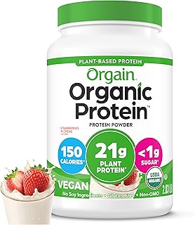Orgain Organic Vegan Protein Powder, Strawberries & Cream - 21g of Plant Based Protein, Low Net Carbs, Gluten/ Lactose Free, No Sugar Added, Soy Free, Non-GMO, 2.03 Lb