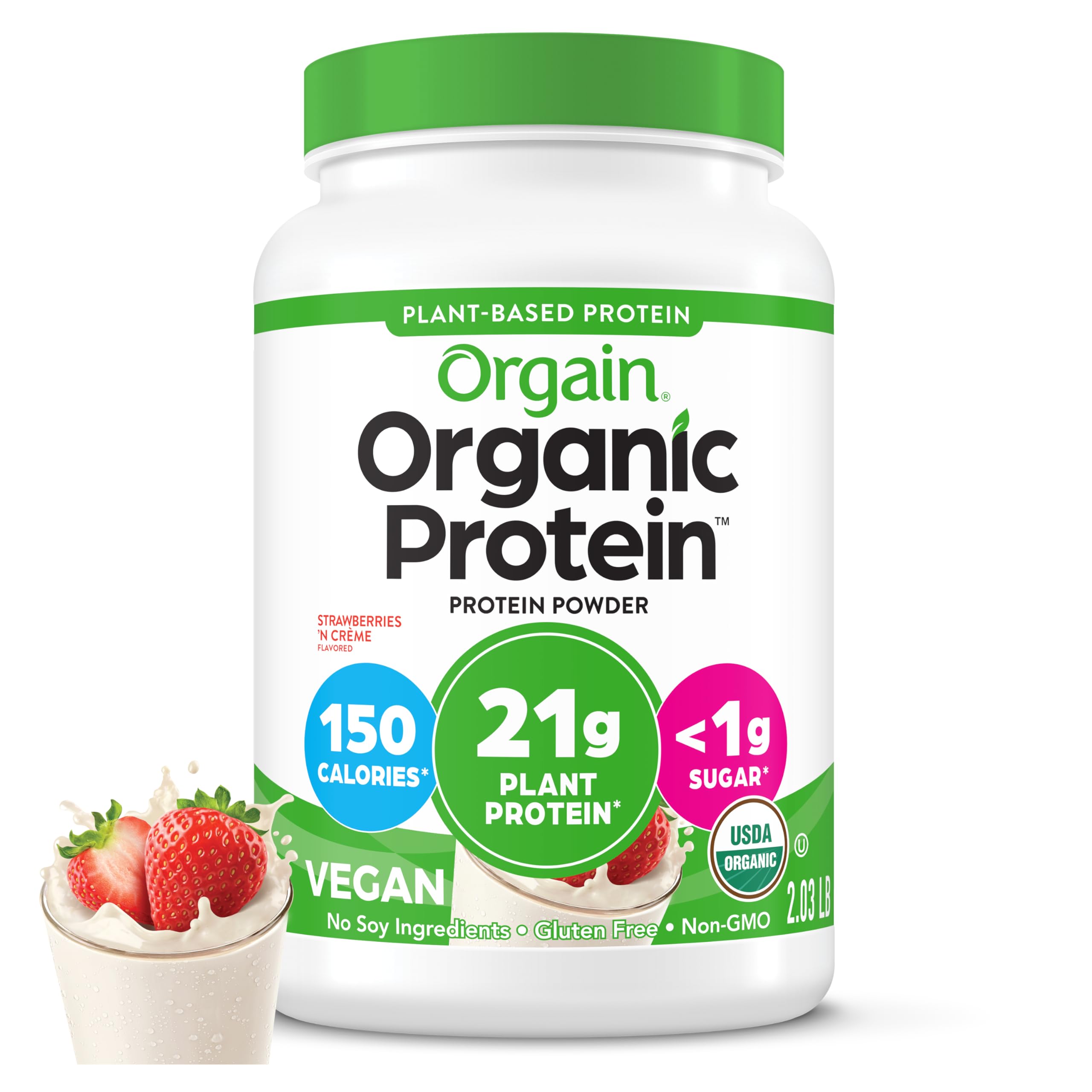OrgainOrganic Vegan Protein Powder, Strawberries & Cream - 21g of Plant Based Protein, Low Net Carbs, Gluten/ Lactose Free, No Sugar Added, Soy Free, Non-GMO, 2.03 LbUSDA Organic