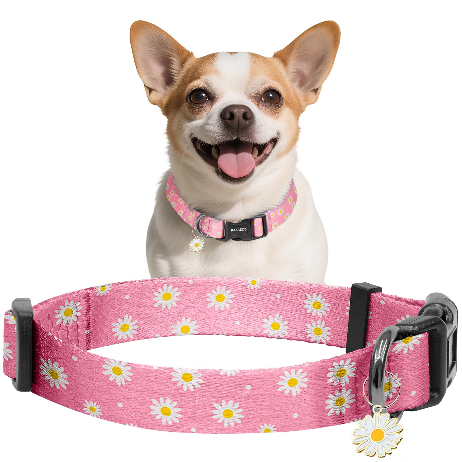 Kazazoo Dog Collar Cute and Soft Nylon Puppy Collar Girl Dogs, Adjustable Dog Collars for Extra Small Dogs, Pink Daisy-XS
