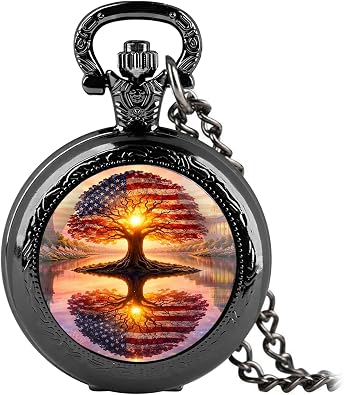 Vintage Mini Pocket Watch for Women Men USA 250th Anniversary 1776-2026 Liberty Bell Patriotic Design Quartz Pocket Watches with Chain Pendant Gift with Box