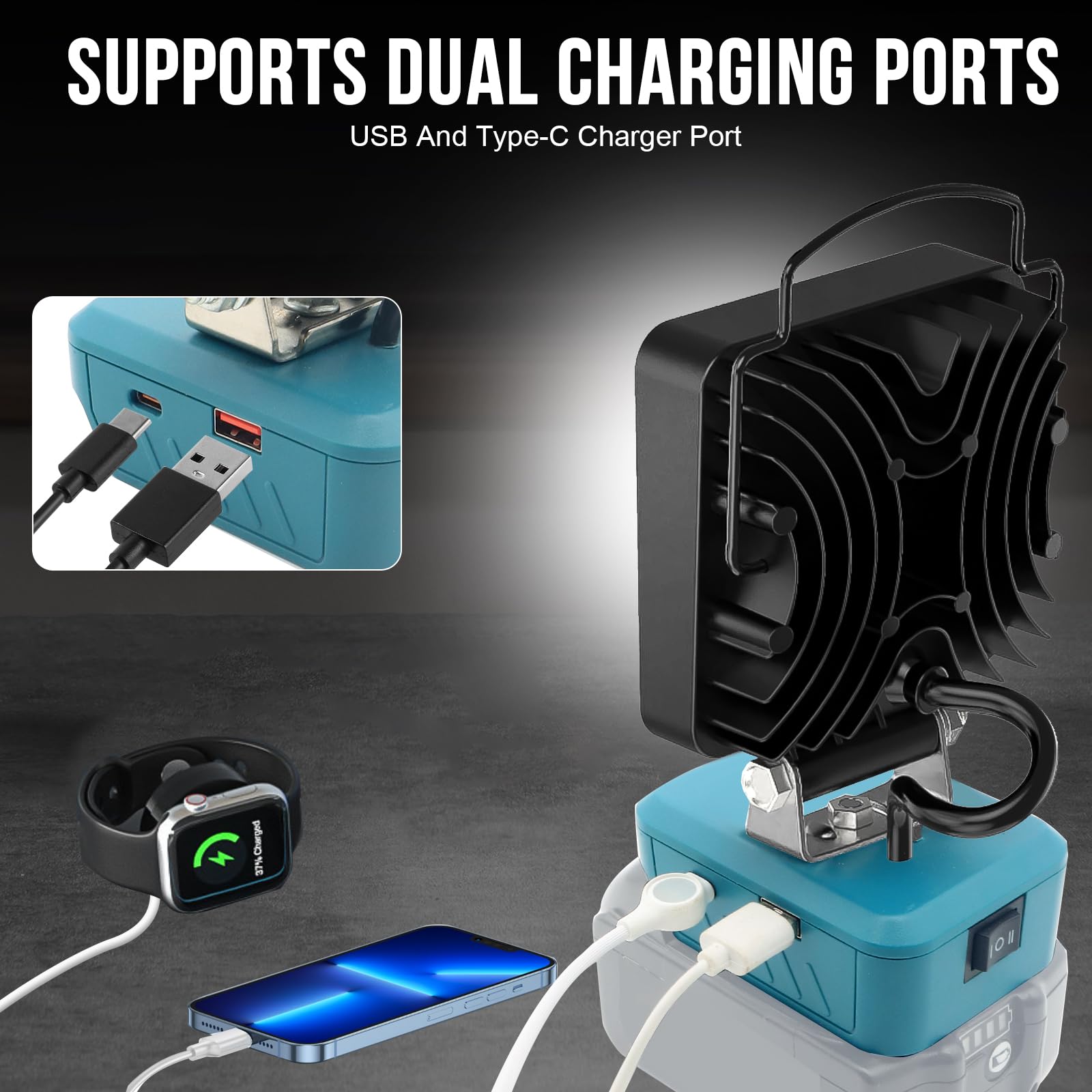 Compatible con Makita 18V Suministro de Energía de La Batería Luces de Trabajo,34W 5000Lm Lámparas Led Sin Cuerda,Luz de Trabajo de Inundación Portátil Linterna con Puerto de Carga USB Camping