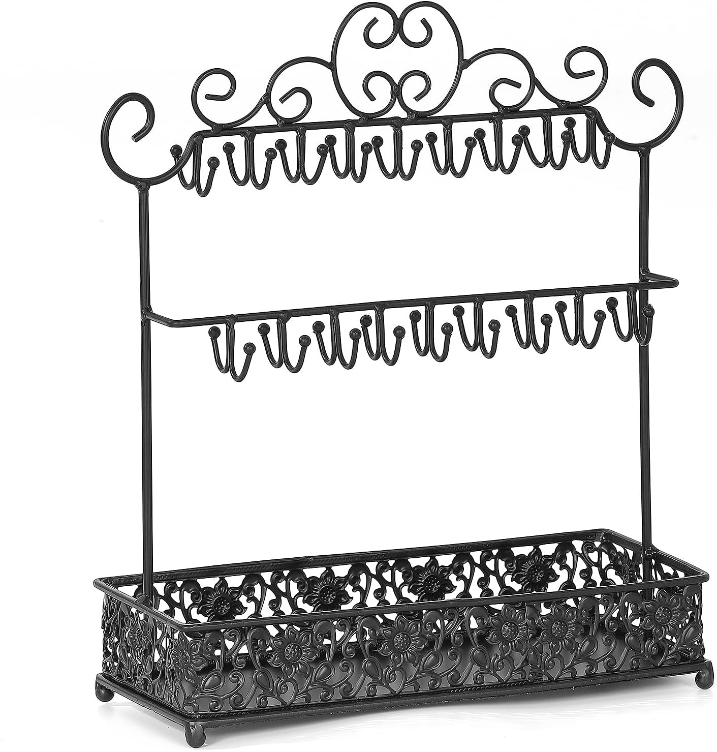 Metal Jewelry Holder Organizer Necklace Holder Stand Jewelry Stand with Tray and 36 Hooks for Woman