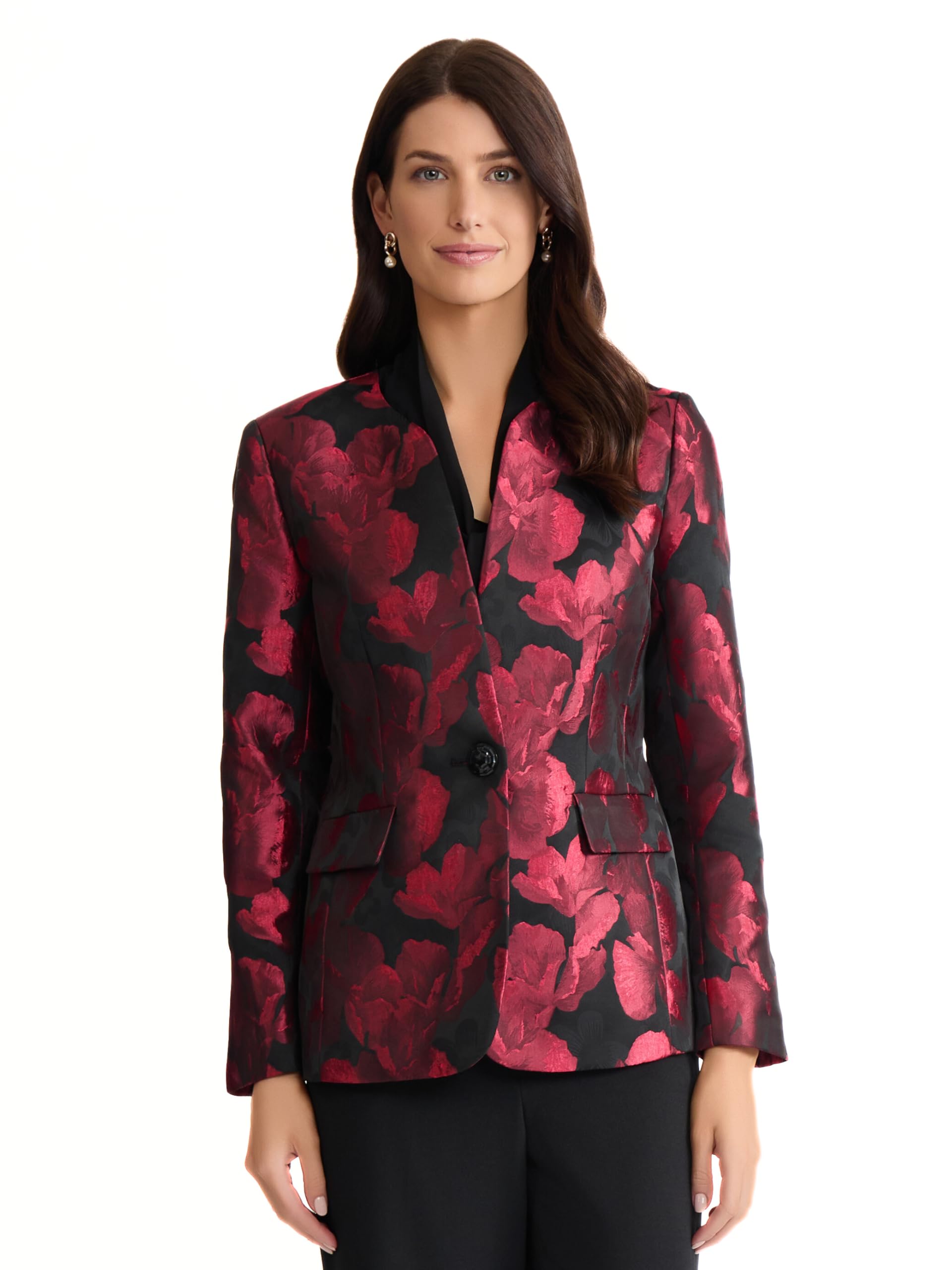 Kasper Womens Collarless Jacquard One Button Blazer