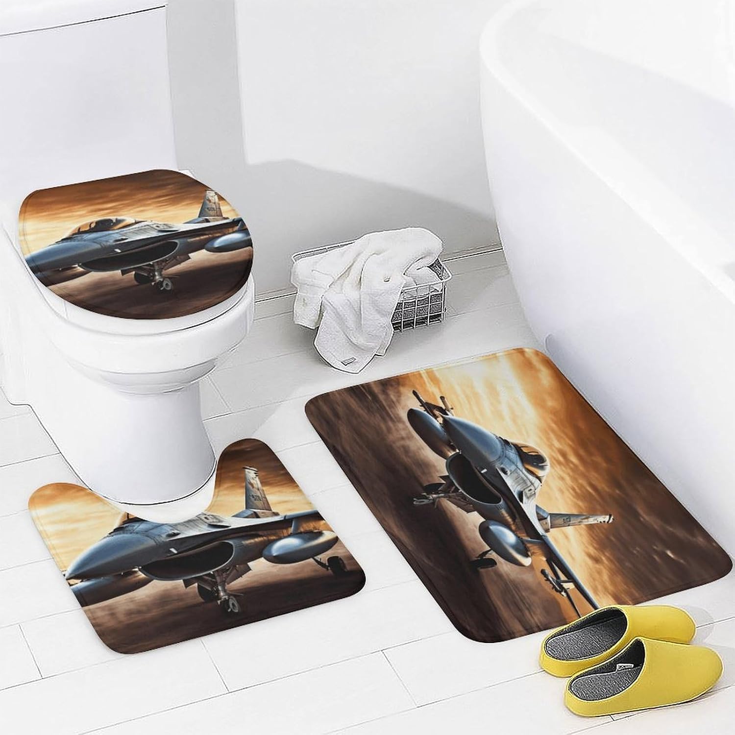 Falcon Fighter 4Pcs Shower Curtain Set with Non-Slip Rugs, Toilet Lid Cover and Bath Mat,Bathroom Set Decor Accessories,Curtain Set with 12 Hooks, 72 X 72 Inch