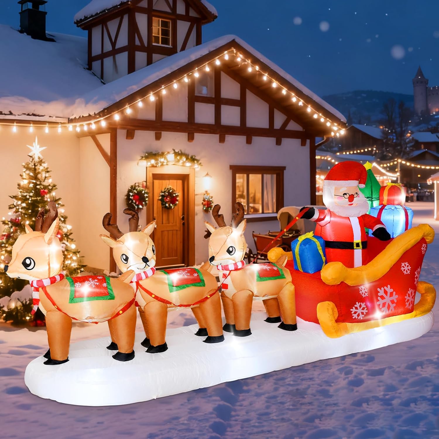 Christmas Blow Up Yard Decorations - 12 FT Christmas Inflatables Santa Sleigh and Reindeer Outdoor Decoration Built-in 13 Led Christmas Decorations Outdoor Inflatable for Yard Lawn Roof Xmas Party