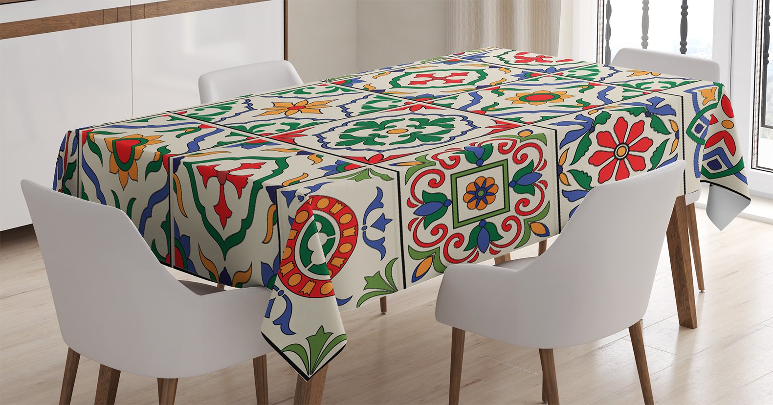 Ambesonne Moroccan Tablecloth, Gorgeous Classic Pattern of Flowers Leaves Traditional Designed, Dining Room Kitchen Rectangular Table Cover, 52