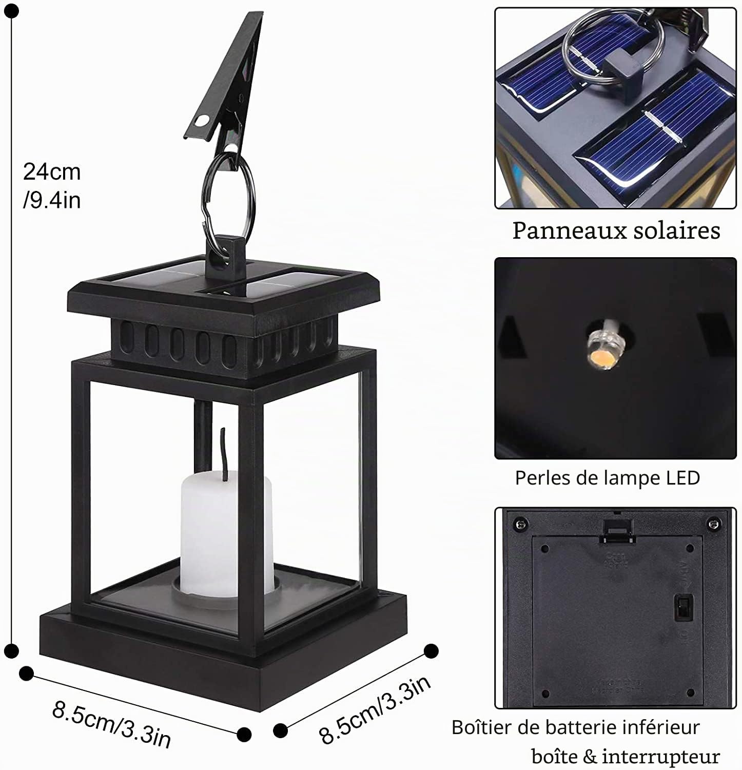 Lot de 4 lanternes solaires d'extérieur avec bougie LED, lanterne solaire LED, lampes solaires pour extérieur, à suspendre, effet vacillante, lanterne LED solaire avec bougies, lampes de décoration