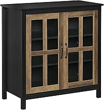 HOMCOM Kitchen Sideboard, Glass Door Buffet Cabinet, Accent Storage Cabinet with 2 Glass Doors and Adjustable Shelf, Black Wood Grain