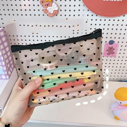 Miniatura 7 de MHDGG Bolsas de maquillaje de malla con estampado de corazón, bolsas de cosméticos de malla para mujeres, mini bolsas de malla con cremallera, bolsa